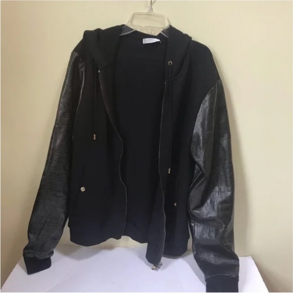 Versace Collection Hoodie Jacket Leather Cotton Sleeves Zip Up Hood Coat Logo MS - Picture 9 of 16